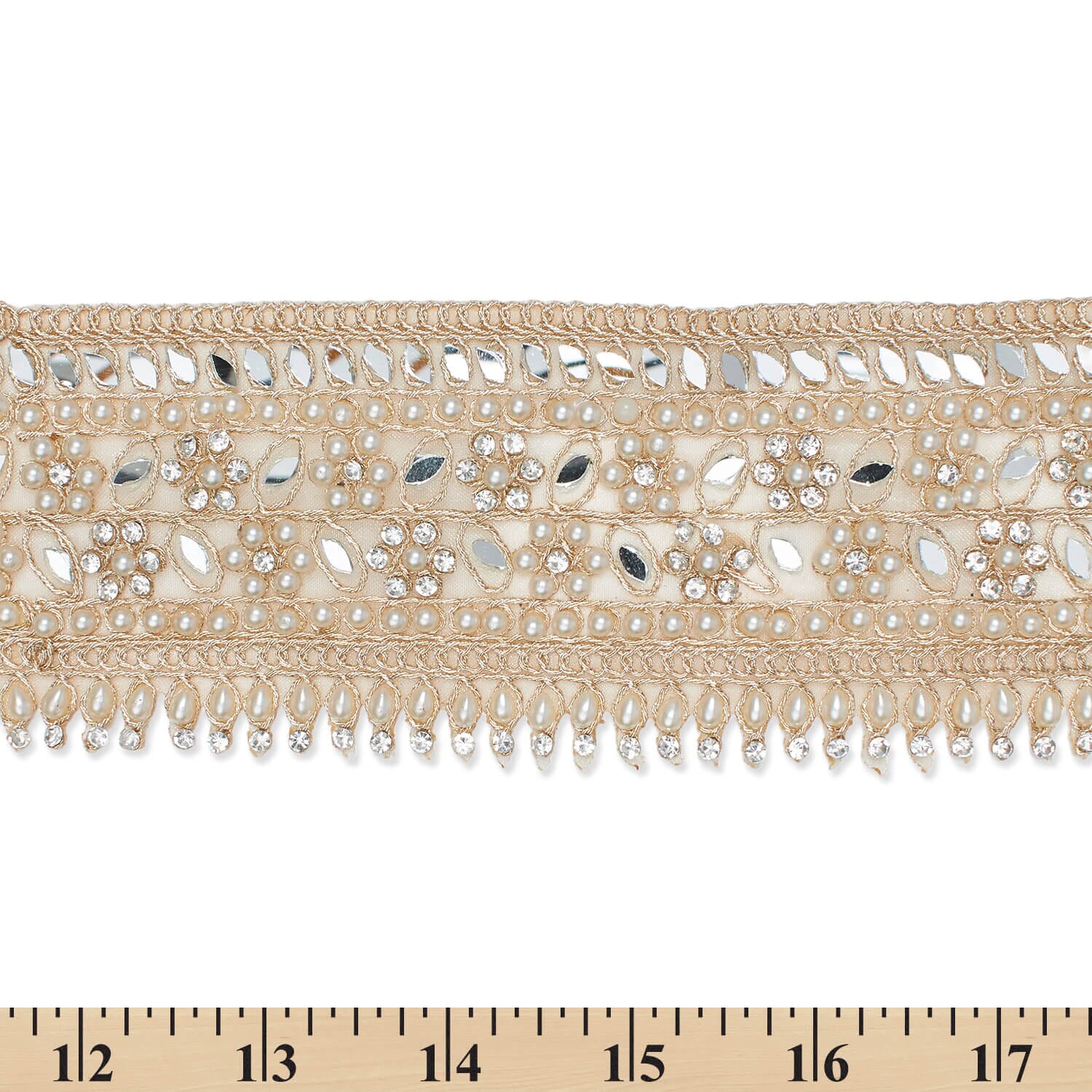 2.5 Inch Beaded Pearly Rhinestone Mirrored Floral Leafy Metallic Corded Mesh Lace Trim - Image 10