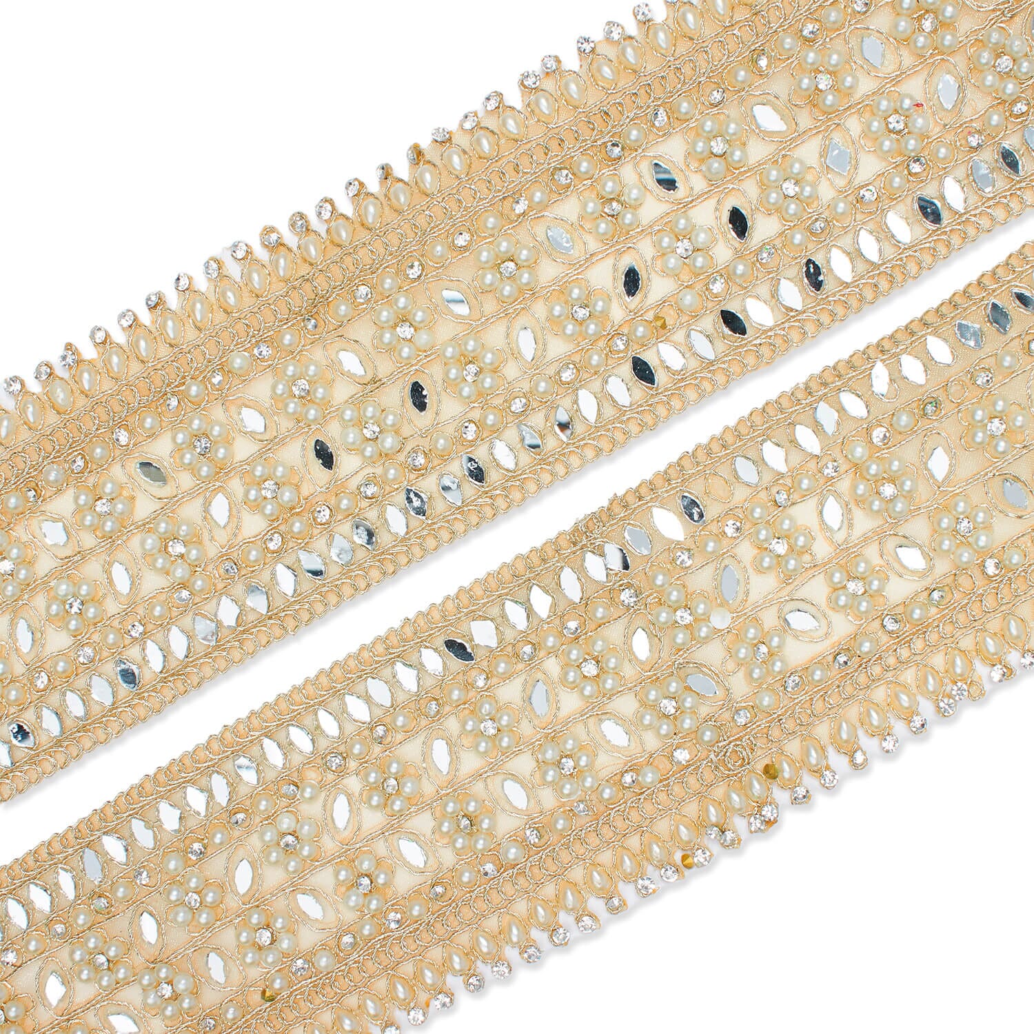 2.5 Inch Beaded Pearly Rhinestone Mirrored Floral Leafy Metallic Corded Mesh Lace Trim - Image 15