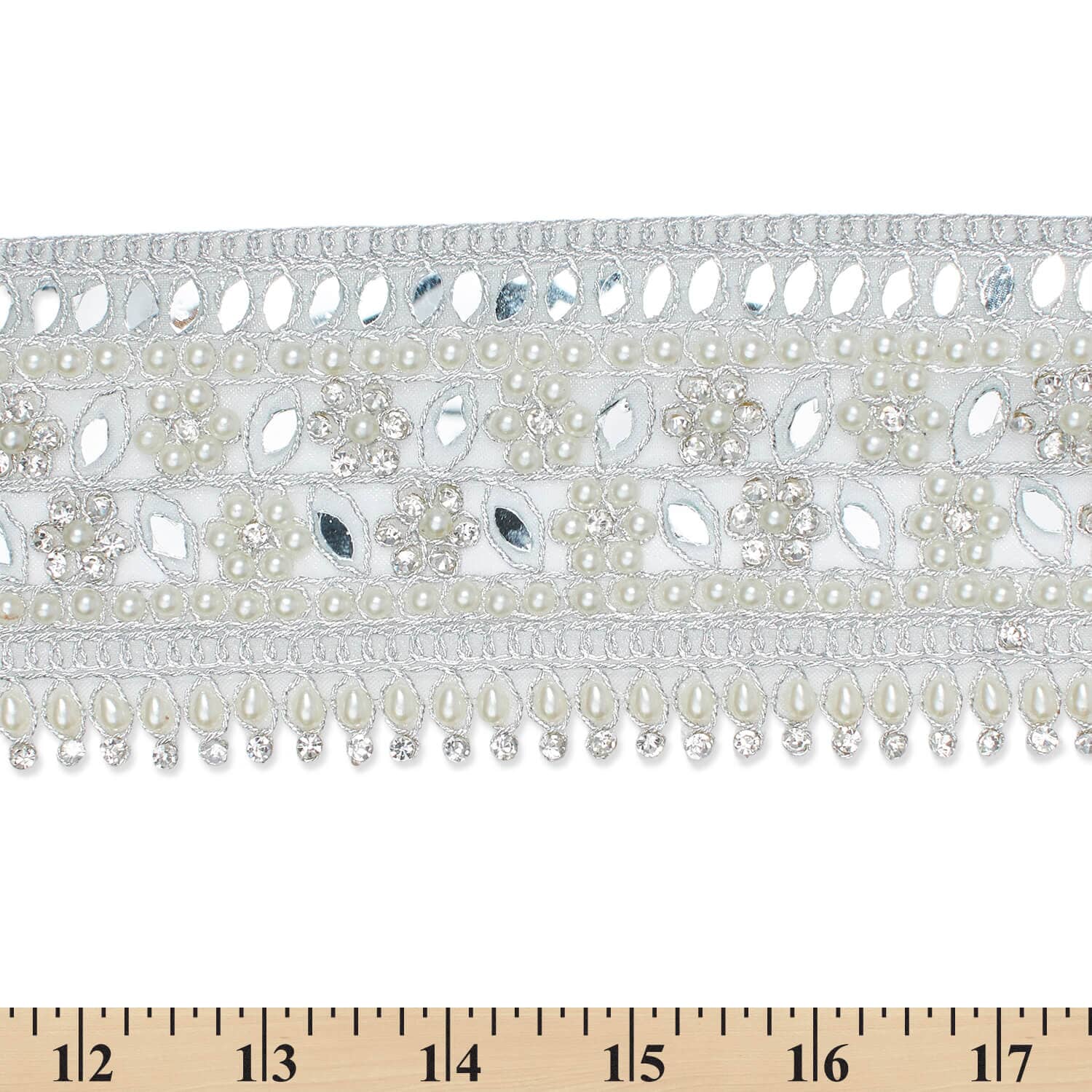 2.5 Inch Beaded Pearly Rhinestone Mirrored Floral Leafy Metallic Corded Mesh Lace Trim - Image 4