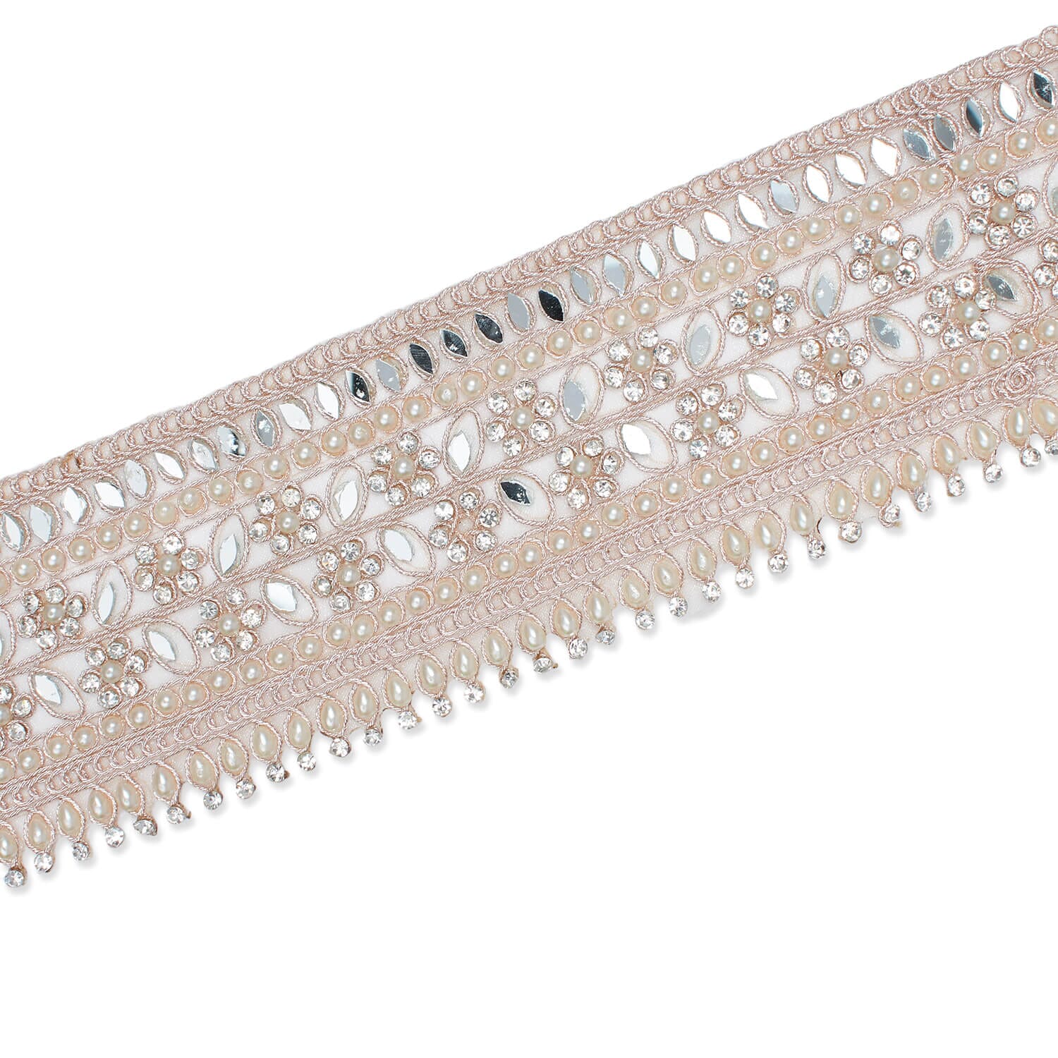2.5 Inch Beaded Pearly Rhinestone Mirrored Floral Leafy Metallic Corded Mesh Lace Trim - Image 6