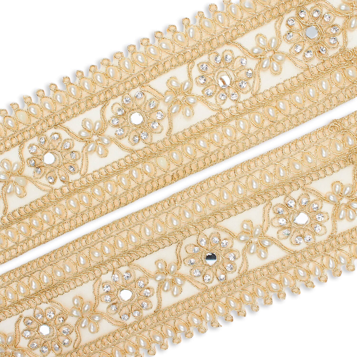 2.5 Inch Daisy Flower Rhinestone Beaded Metallic Cording On Mesh Lace Trim (9.8 Yards / 9 Meters) - Image 6