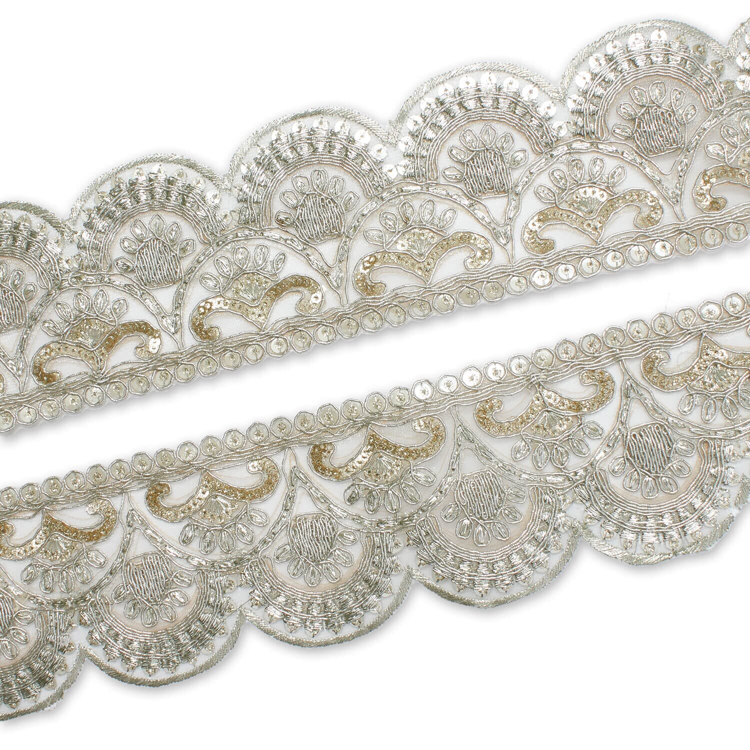 2.5 Inch Scalloped Floral Sequin Metallic Corded Mesh Trim (9.8 Yards / 9 Meters) - Image 3