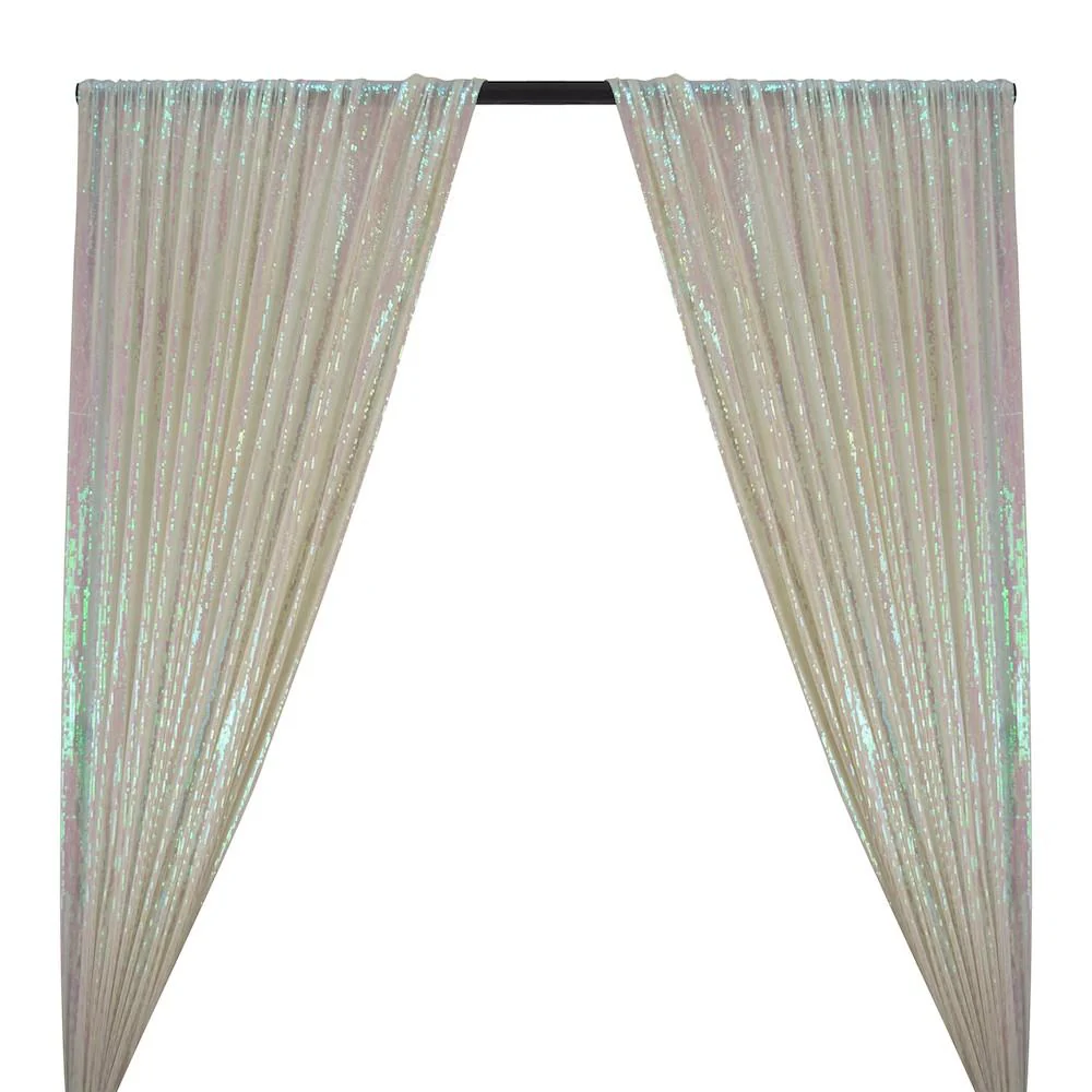 All-Over Micro Sequins Starlight On Stretch Mesh Rod Pocket Curtains - Hologram White