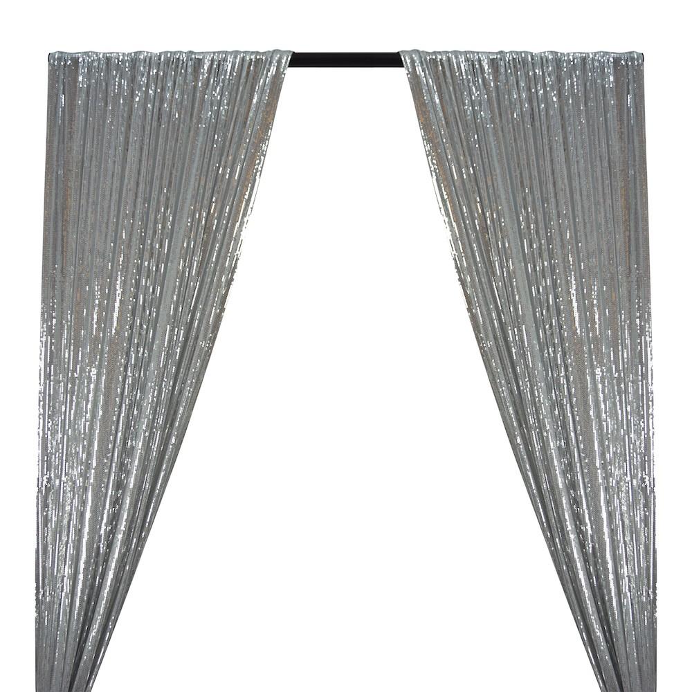 All-Over Micro Sequins Starlight On Stretch Mesh Rod Pocket Curtains - Silver
