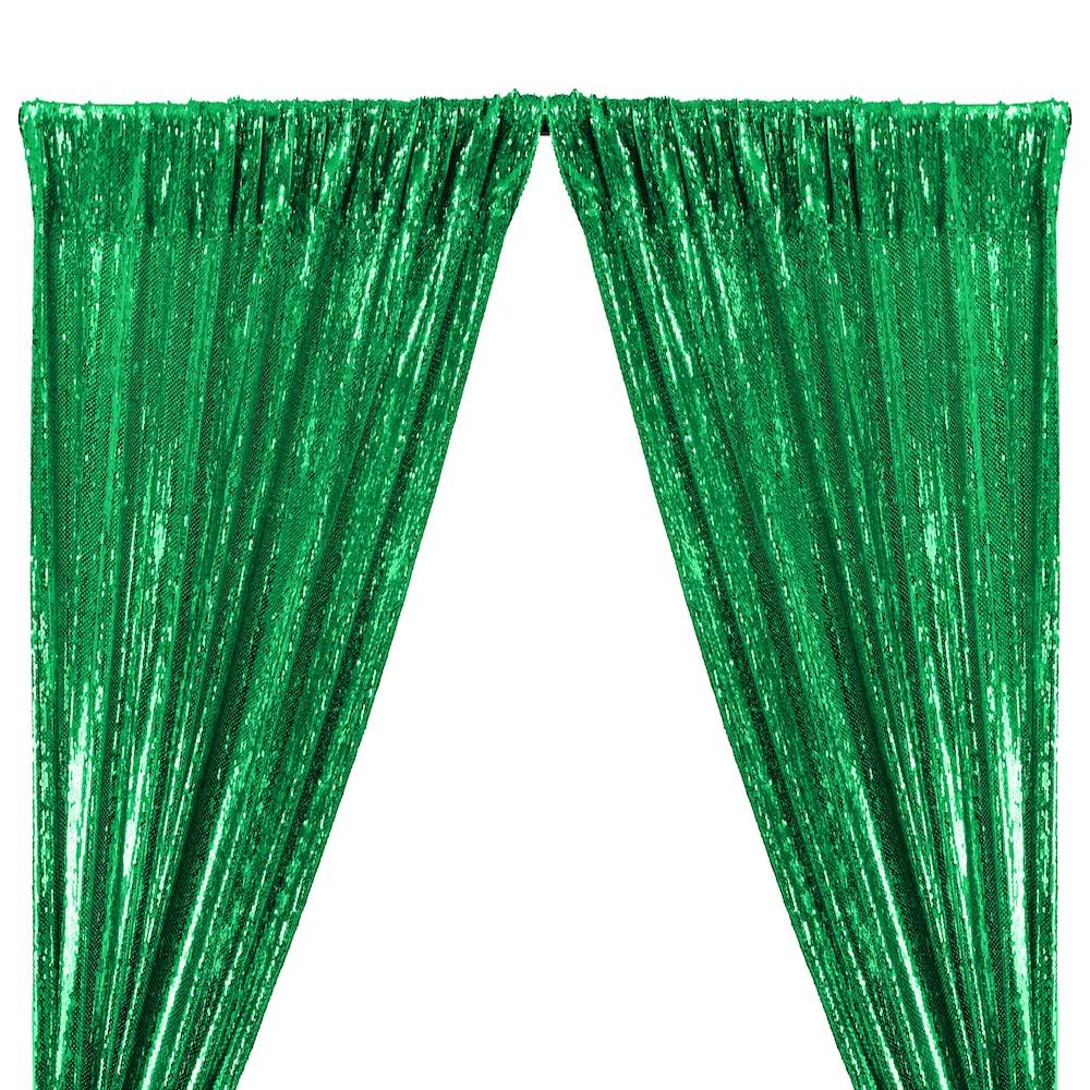All-Over Sequins Mermaid Scale on Stretch Mesh Rod Pocket Curtains - Kelly Green