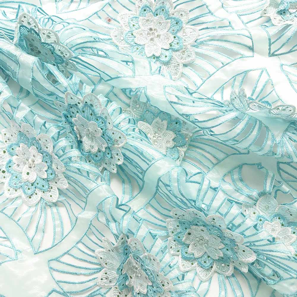 Aqua Blue Beaded Embroidery Corded Organza - Image 3