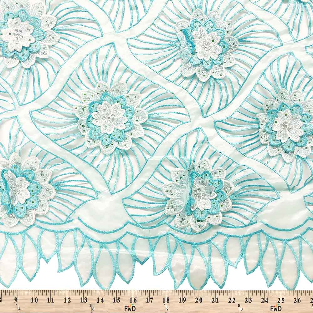 Aqua Blue Beaded Embroidery Corded Organza - Image 4