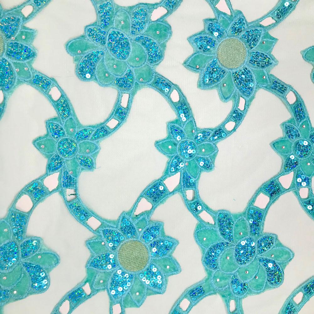 Aqua Blue Sunflower Corded Sequins Lace on Mesh