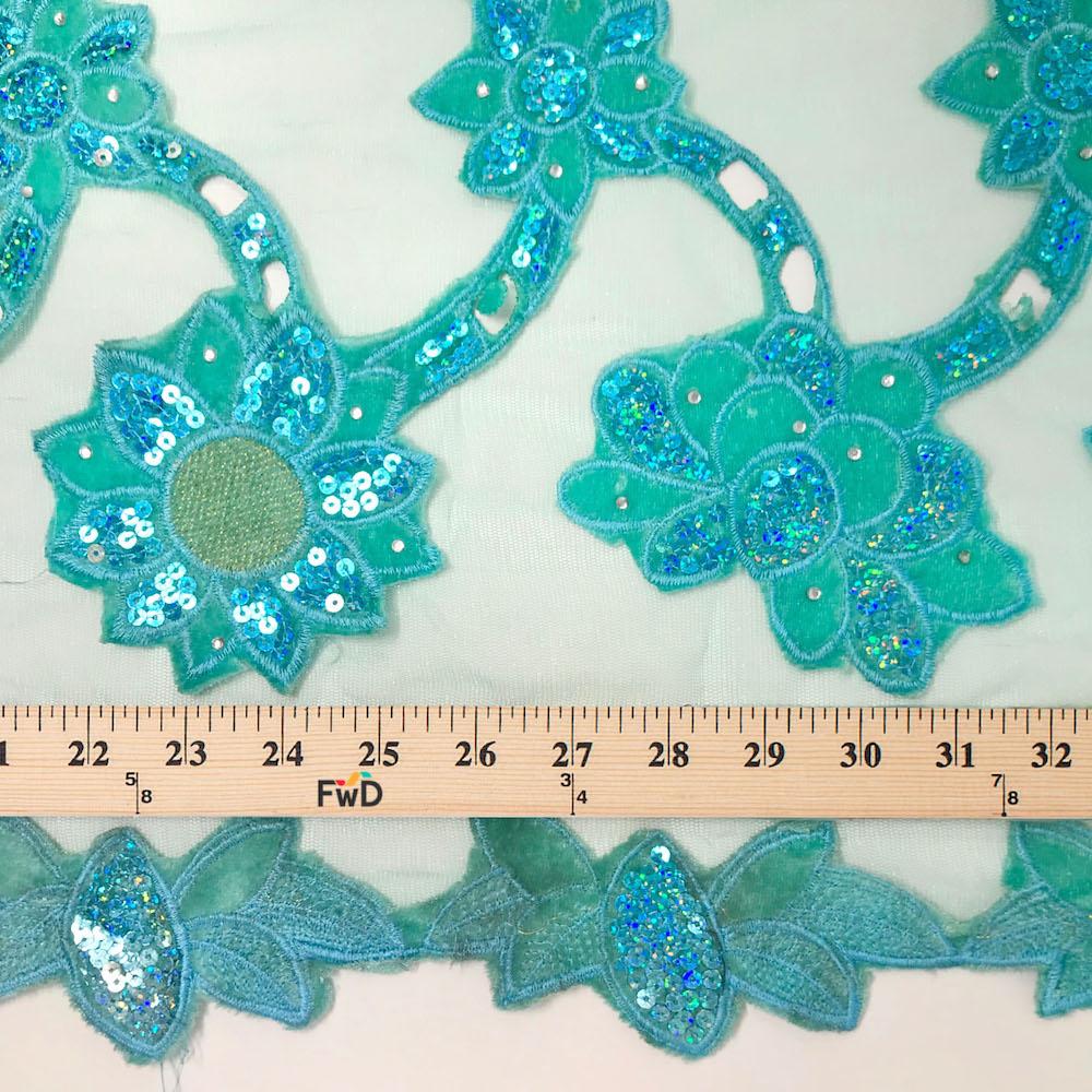 Aqua Blue Sunflower Corded Sequins Lace on Mesh - Image 3