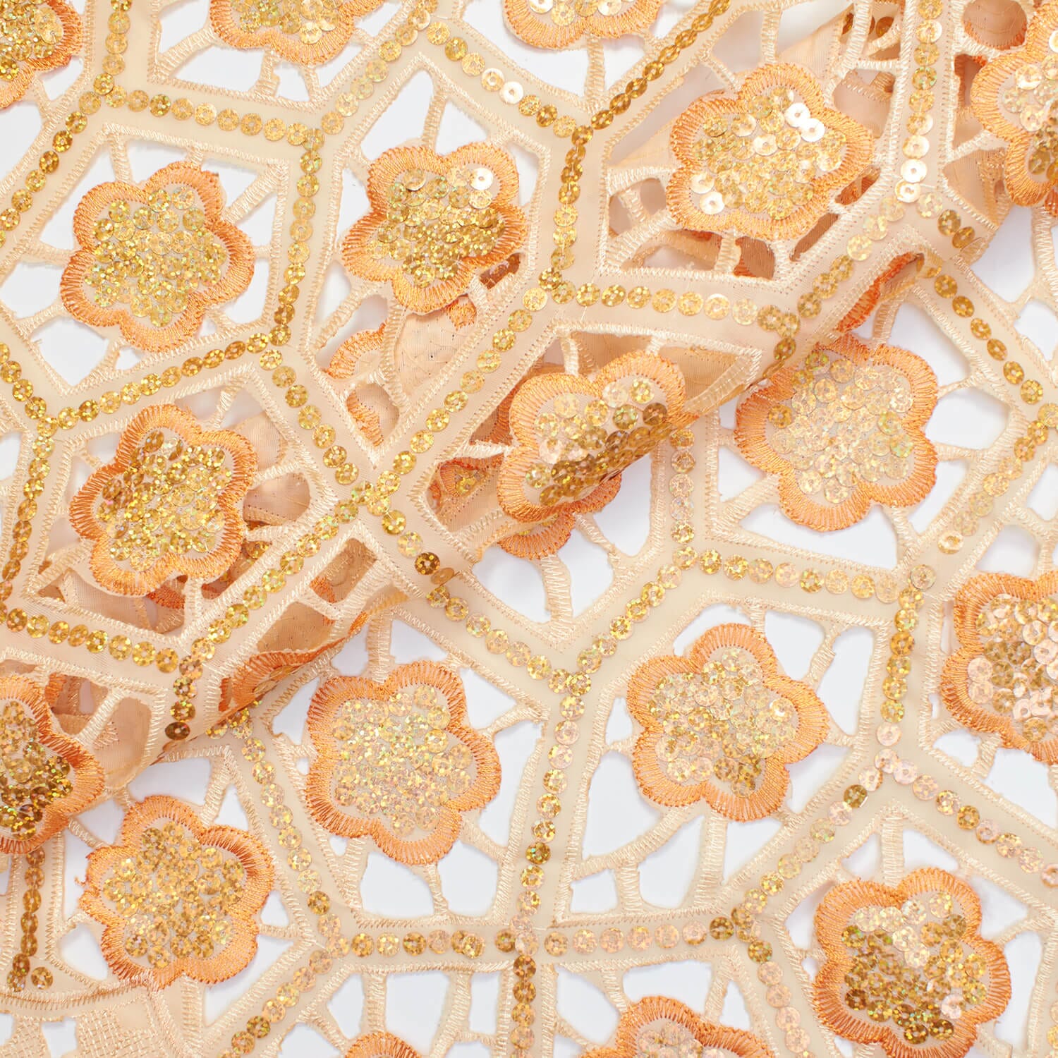Beige & Orange Floral Embroidery Hole-Cut Voile Lace