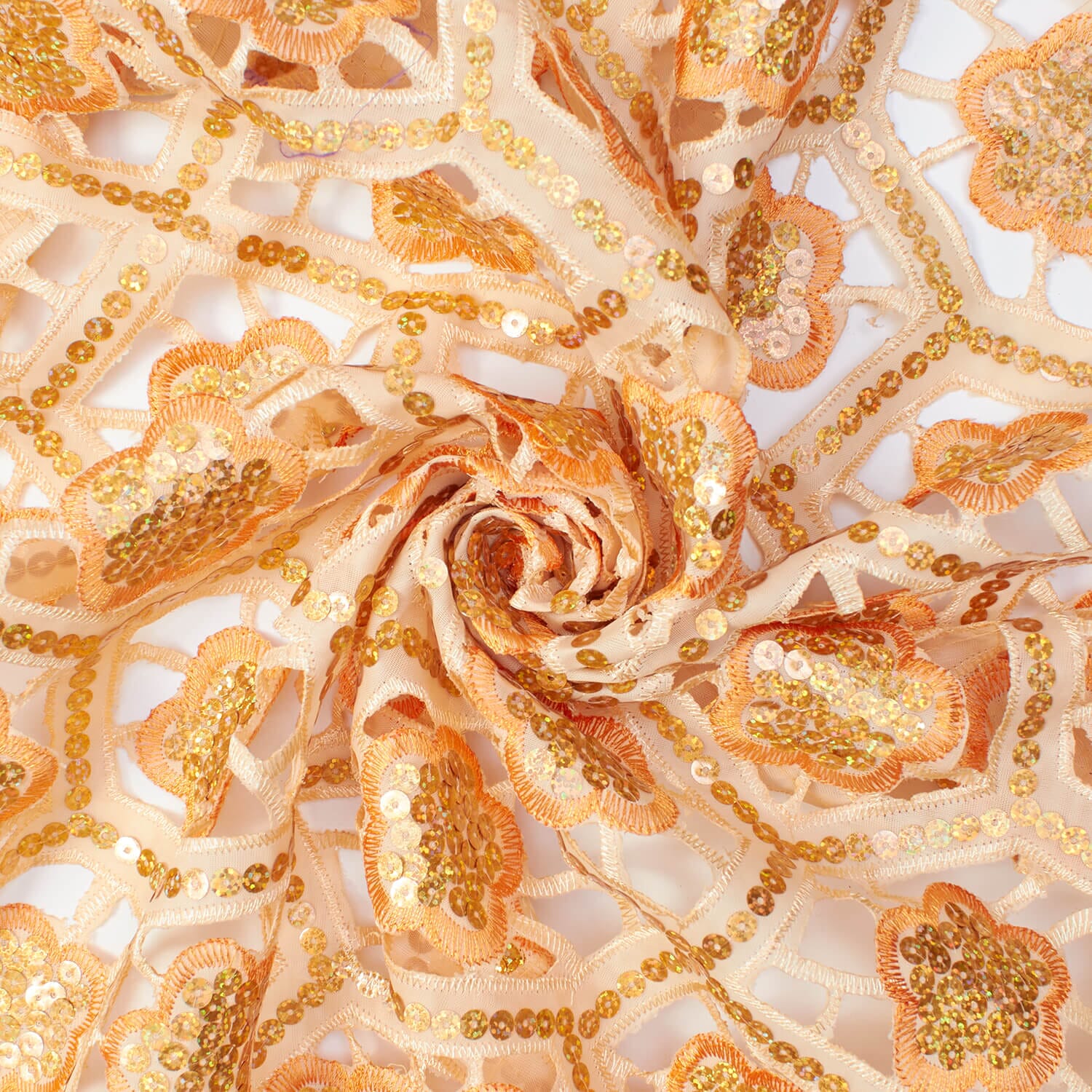 Beige & Orange Floral Embroidery Hole-Cut Voile Lace - Image 2
