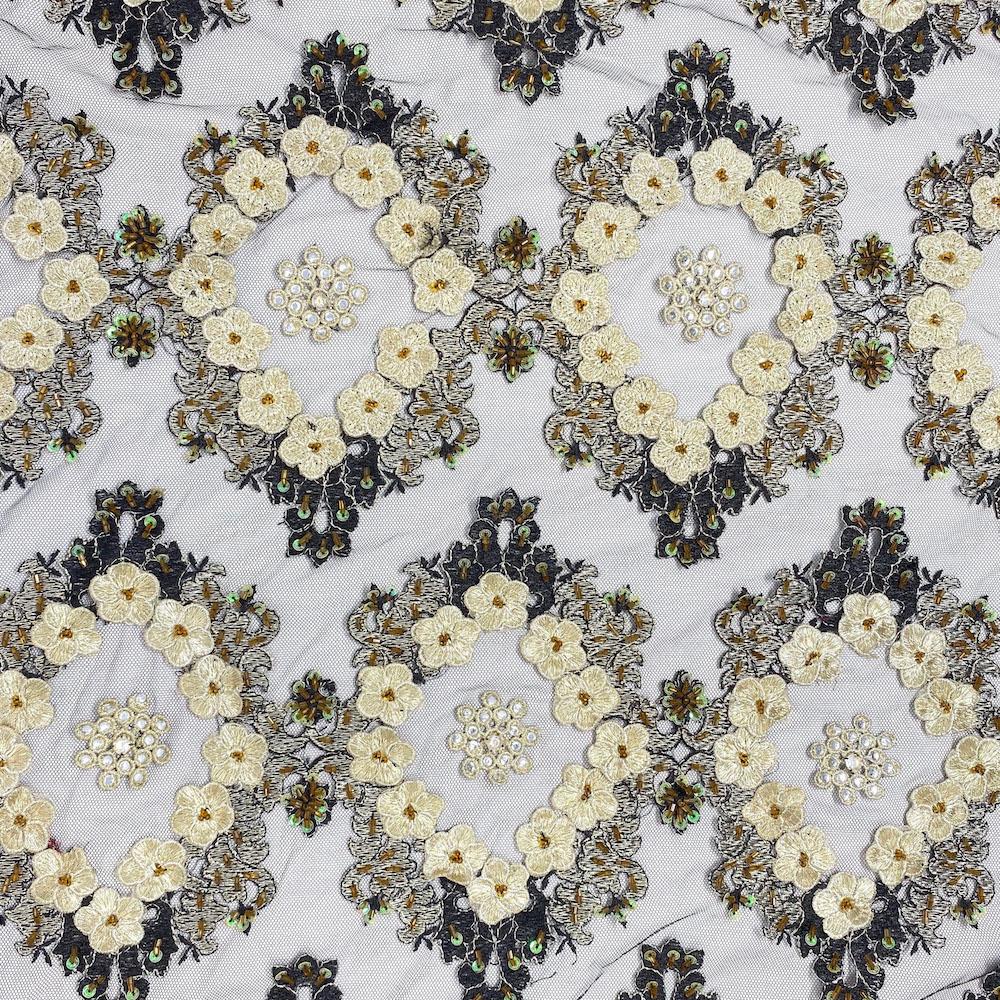 Black Daisy Diamond Patch Metallic Embroidery on Mesh