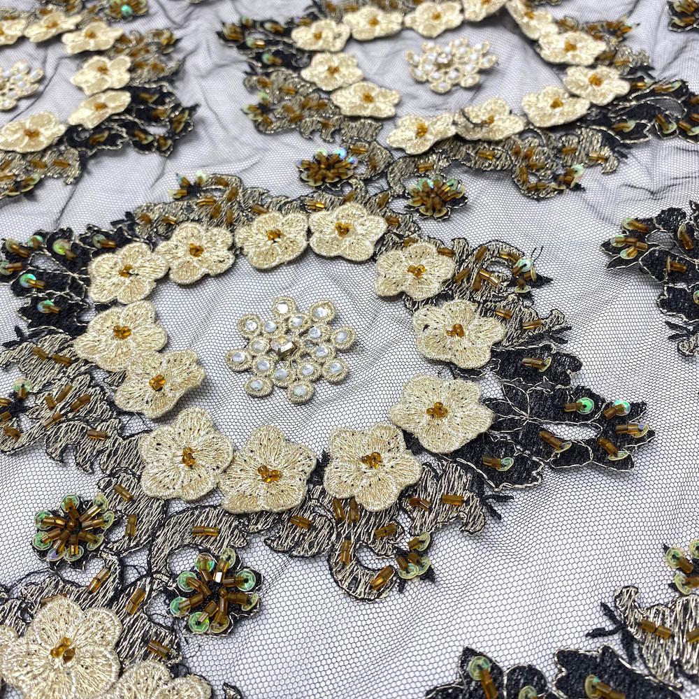 Black Daisy Diamond Patch Metallic Embroidery on Mesh - Image 2