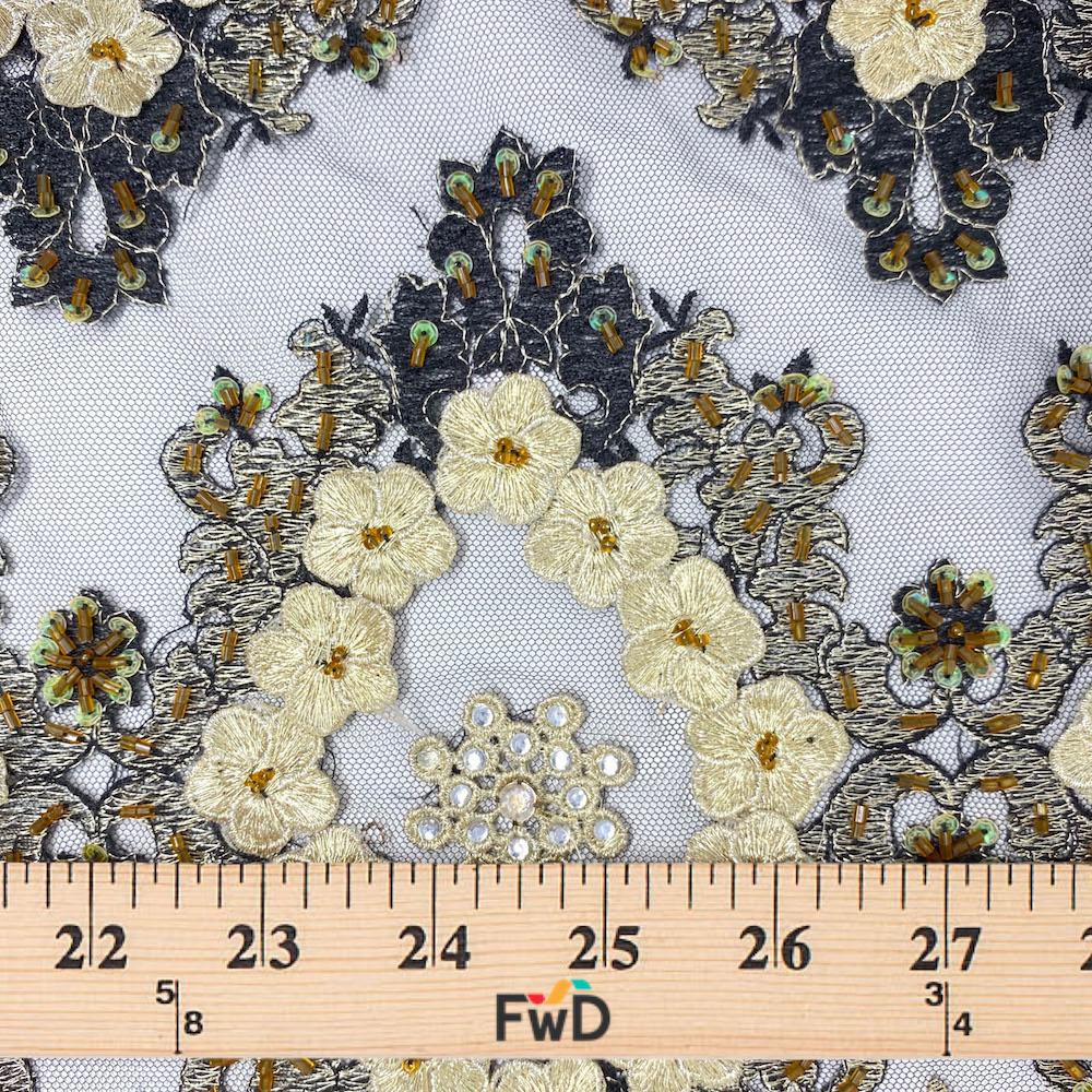Black Daisy Diamond Patch Metallic Embroidery on Mesh - Image 5