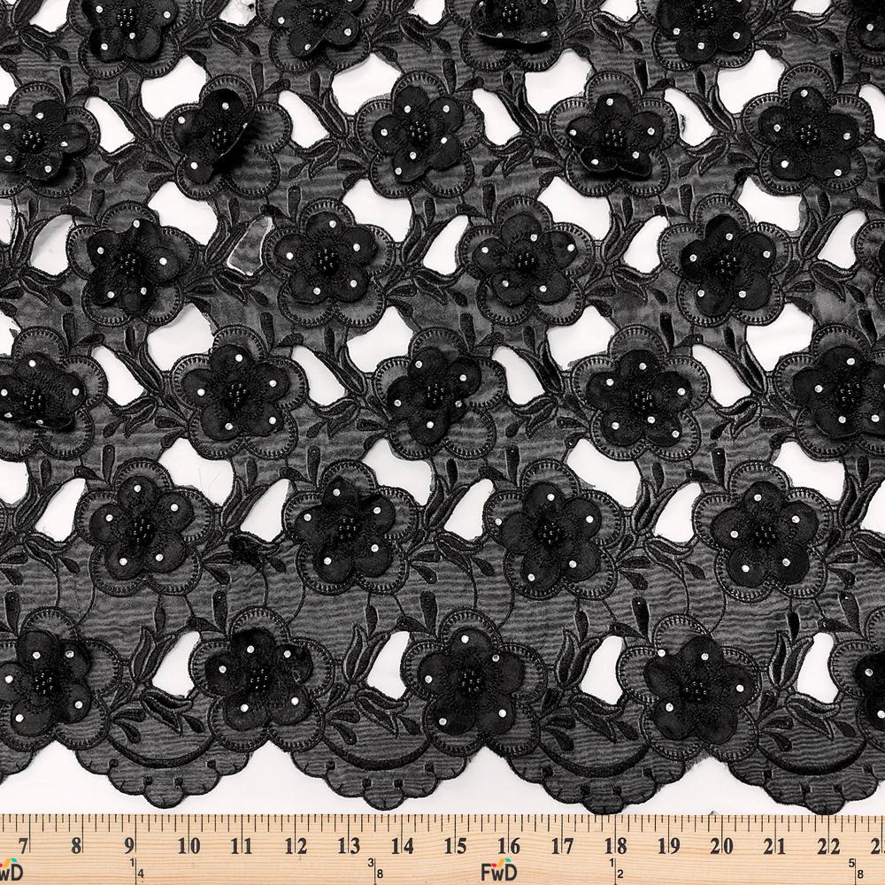 Black Floral Embroidery on Black Organza Lace - Image 3