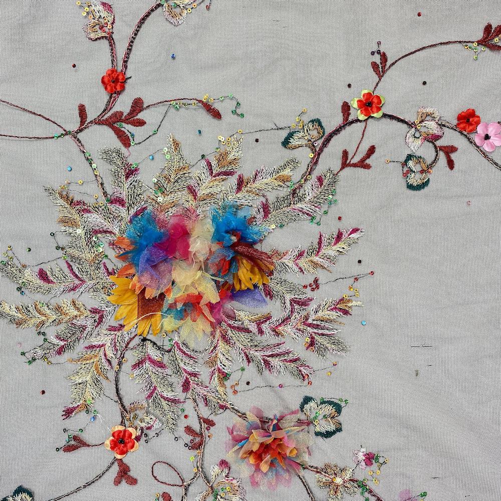 Black Floral Ribbon Feather Embroidery on Mesh