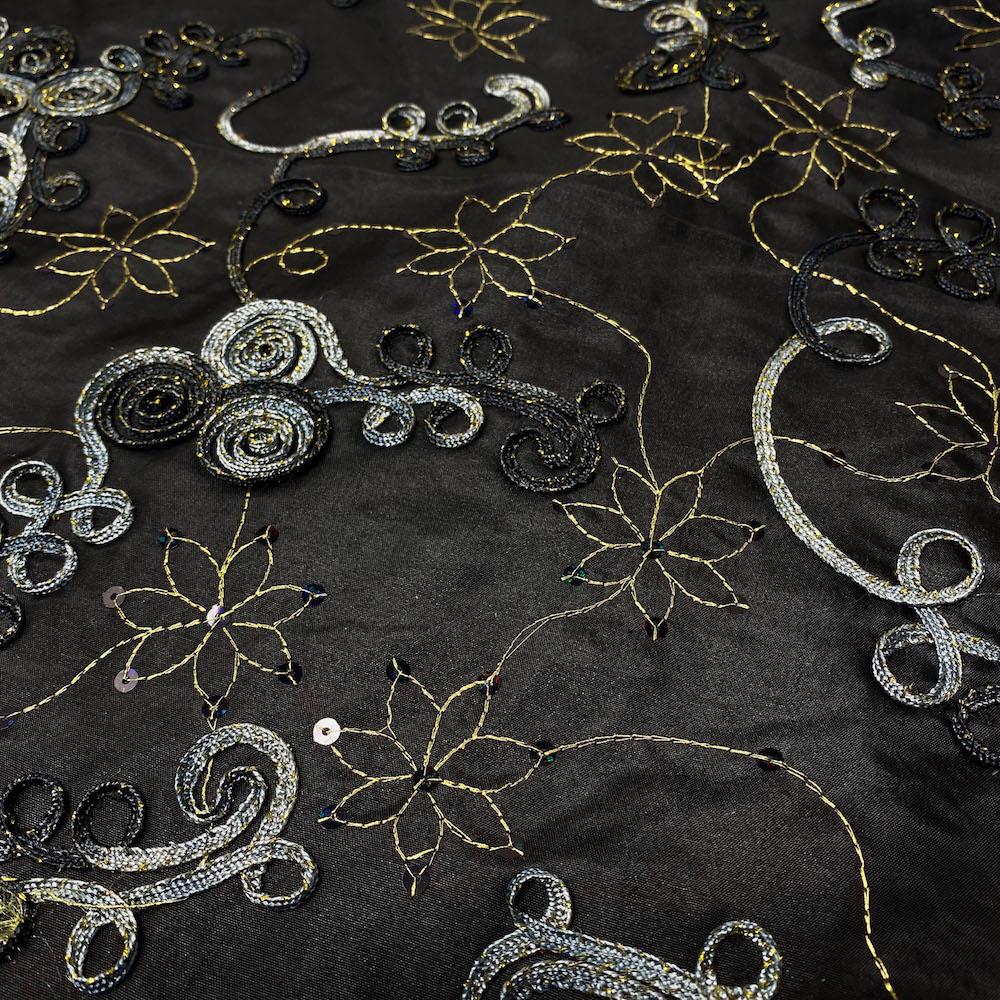 Black Metallic Floral Ribbon Swirl Organza - Image 2