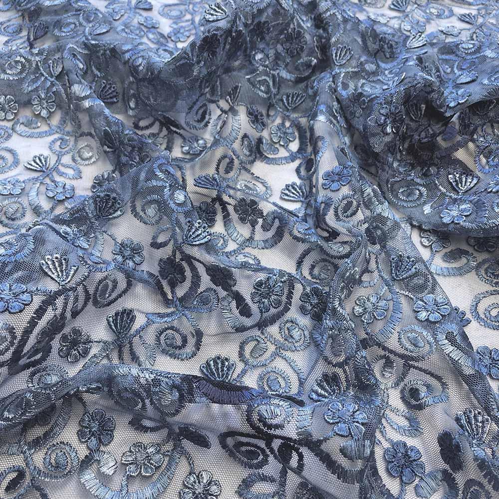 Blue Floral Vine Embroidery on Mesh - Image 2