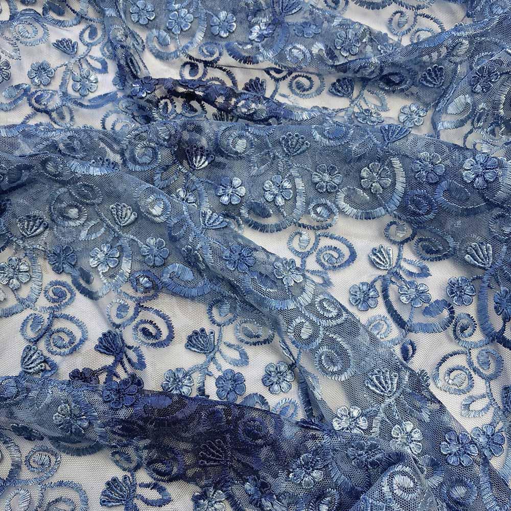 Blue Floral Vine Embroidery on Mesh - Image 4