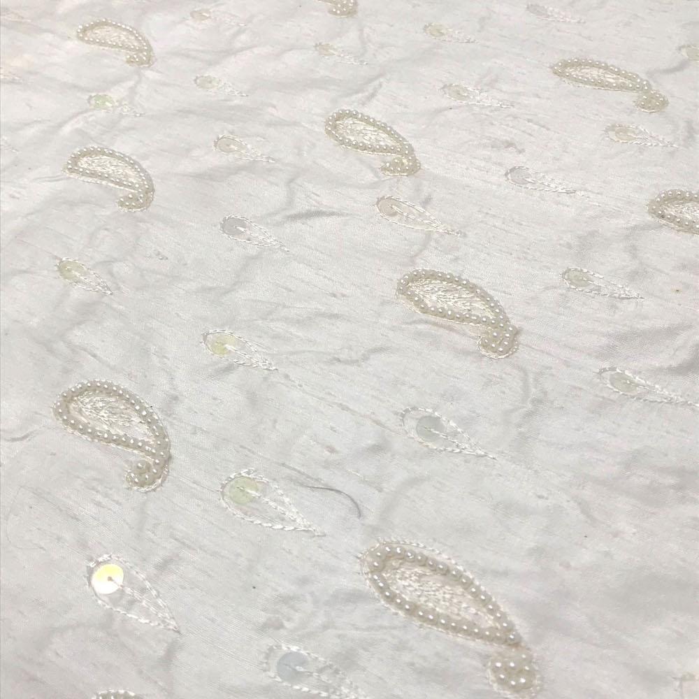 Beige Bridal Paisley Pearled Silk Dupioni (45 Inch)