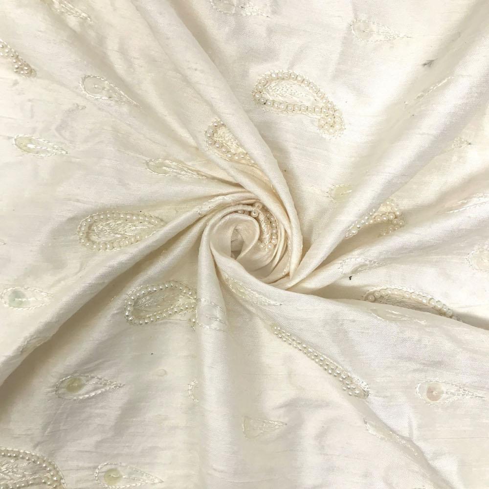 Beige Bridal Paisley Pearled Silk Dupioni (45 Inch) - Image 3