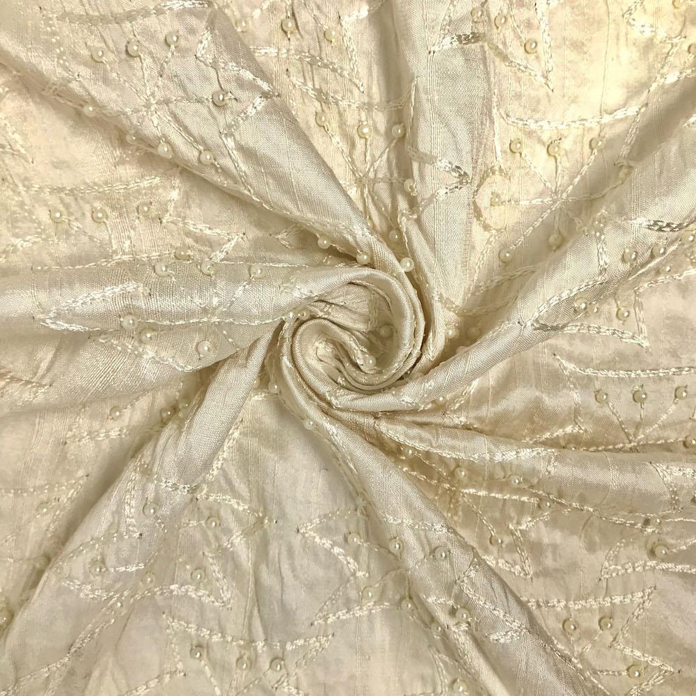 Beige Bridal Silk Dupioni Embroidered with Pearls (45 Inch) - Image 2
