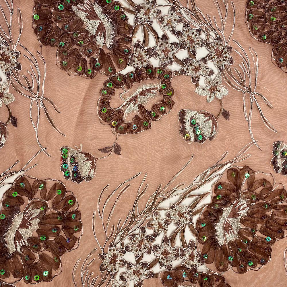 Brown Floral Ribbon Corded Sequins Organza