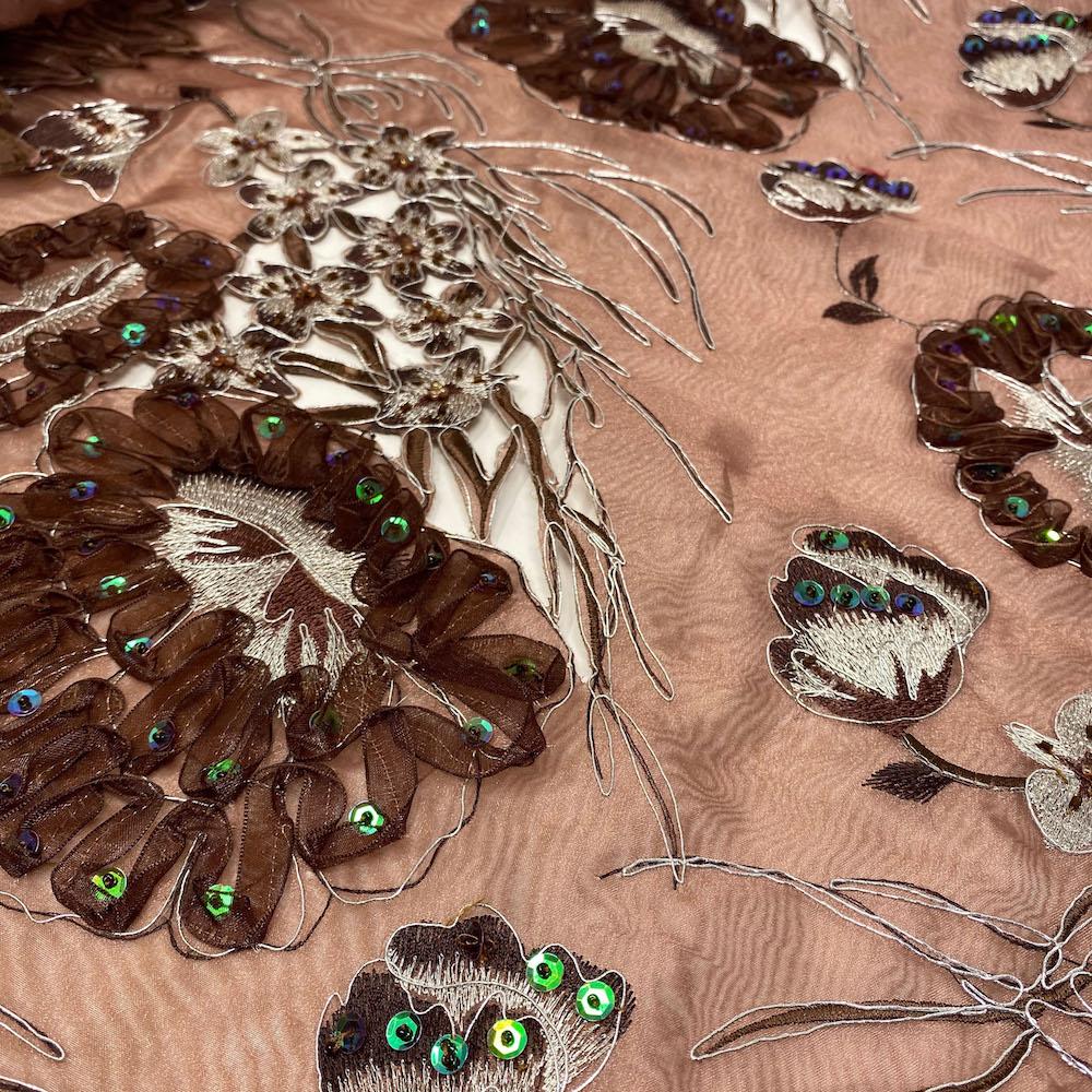 Brown Floral Ribbon Corded Sequins Organza - Image 2