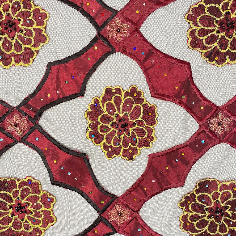 Burgundy Royal Embroidered Carnation on Mesh