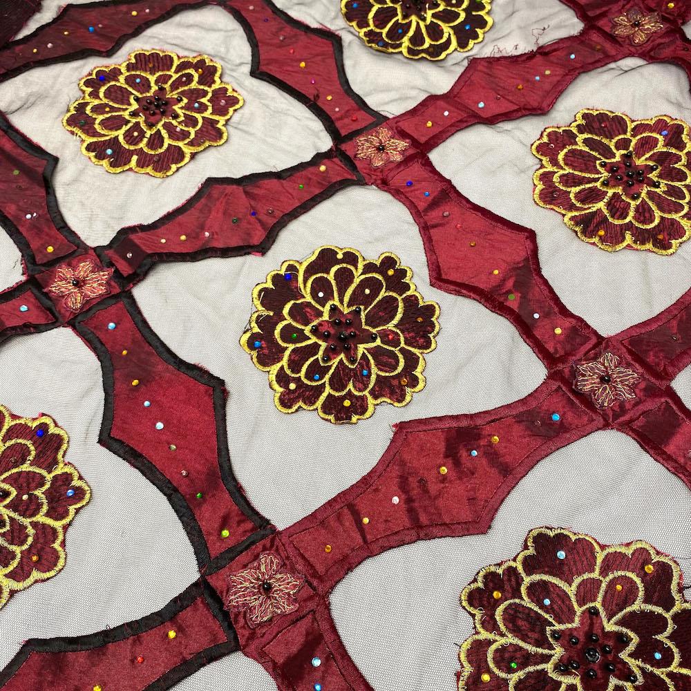Burgundy Royal Embroidered Carnation on Mesh - Image 3