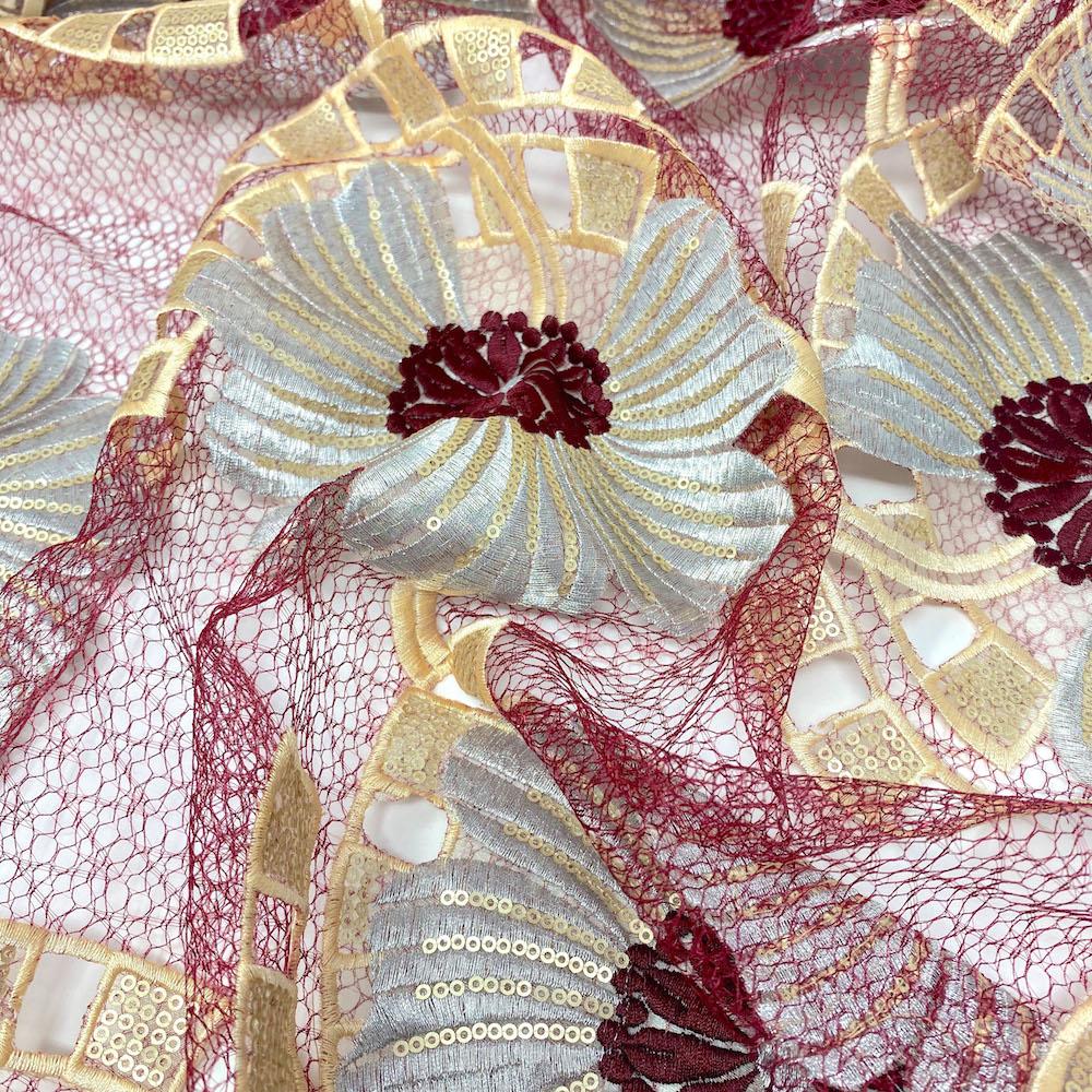 Burgundy Sunflower Patch Embroidered Chemical Lace - Image 2