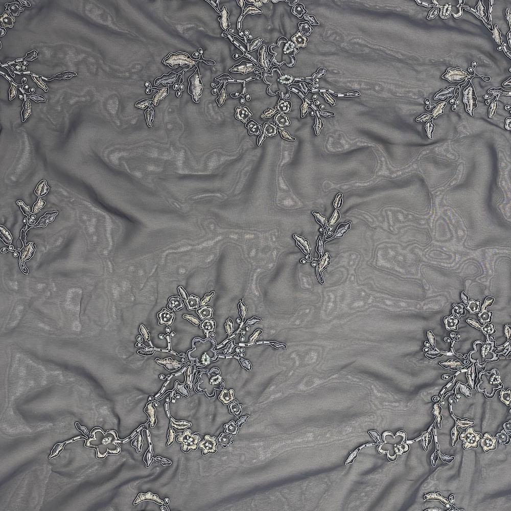 Charcoal Floral Bloom Corded Beaded Lace