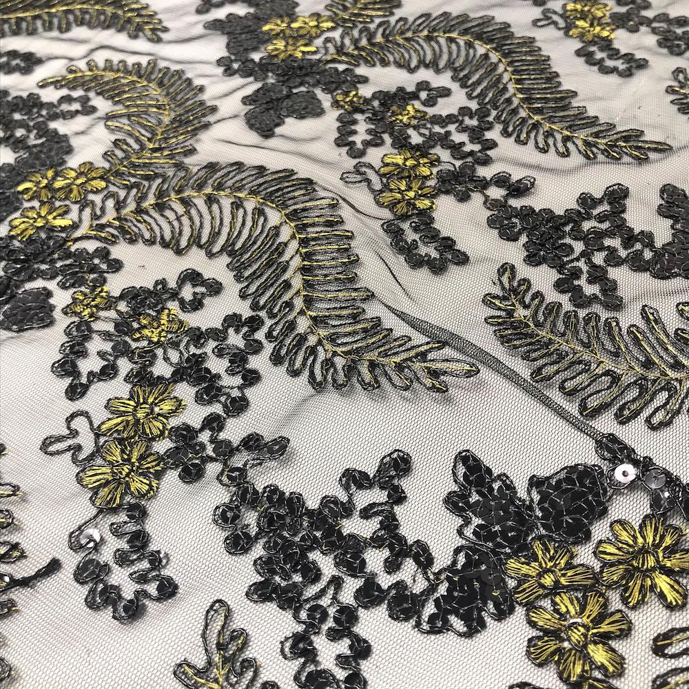 Black Fern Corded Metallic Embroidery on Mesh - Image 2
