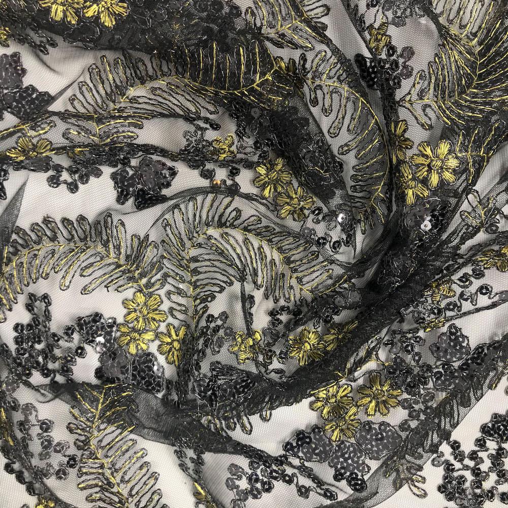 Black Fern Corded Metallic Embroidery on Mesh - Image 3