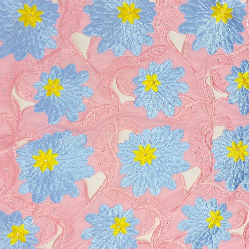 Floral Aster Rhinestone Embroidery on Pink Organza