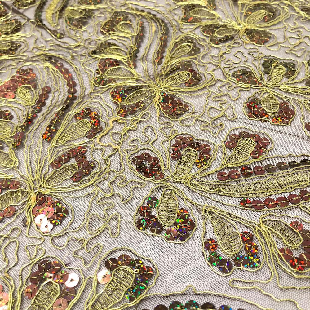 Brown Floral Metallic Corded Embroidery With Sequins on Mesh - Image 3