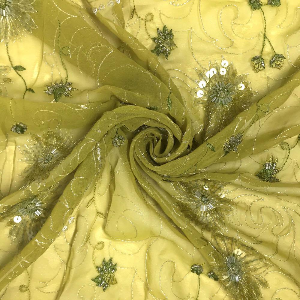 Floral Vine Metallic Embroidery Beaded Georgette Lace - Image 16