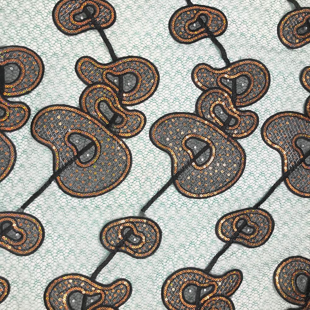 Green Corded Rings Sequins Embroidery Chemical Mesh