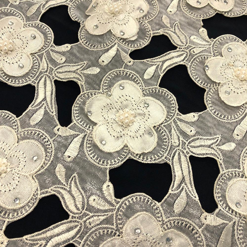 Ivory Floral Embroidery on Ivory Organza Lace - Image 2