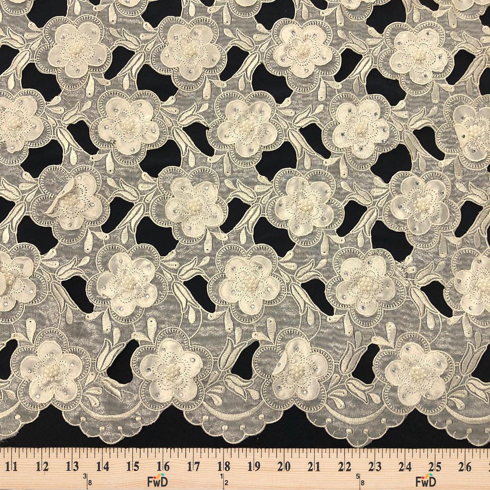 Ivory Floral Embroidery on Ivory Organza Lace - Image 3