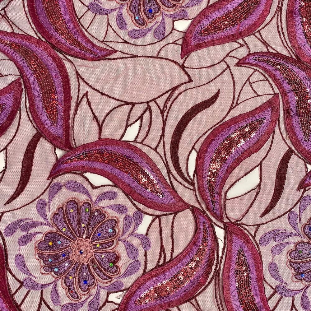Magenta Floral Leaf Patch with Rhinestones Organza