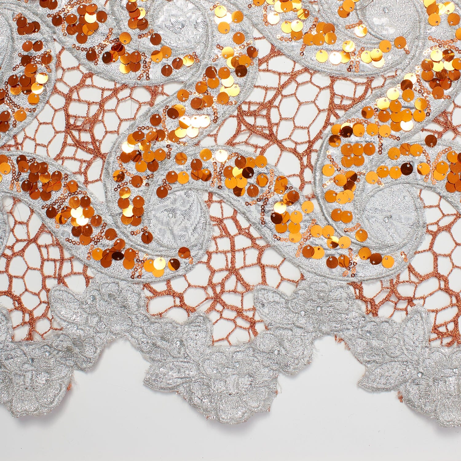 Metallic Floral Sequin Brocade on Orange Chemical Lace - Image 3