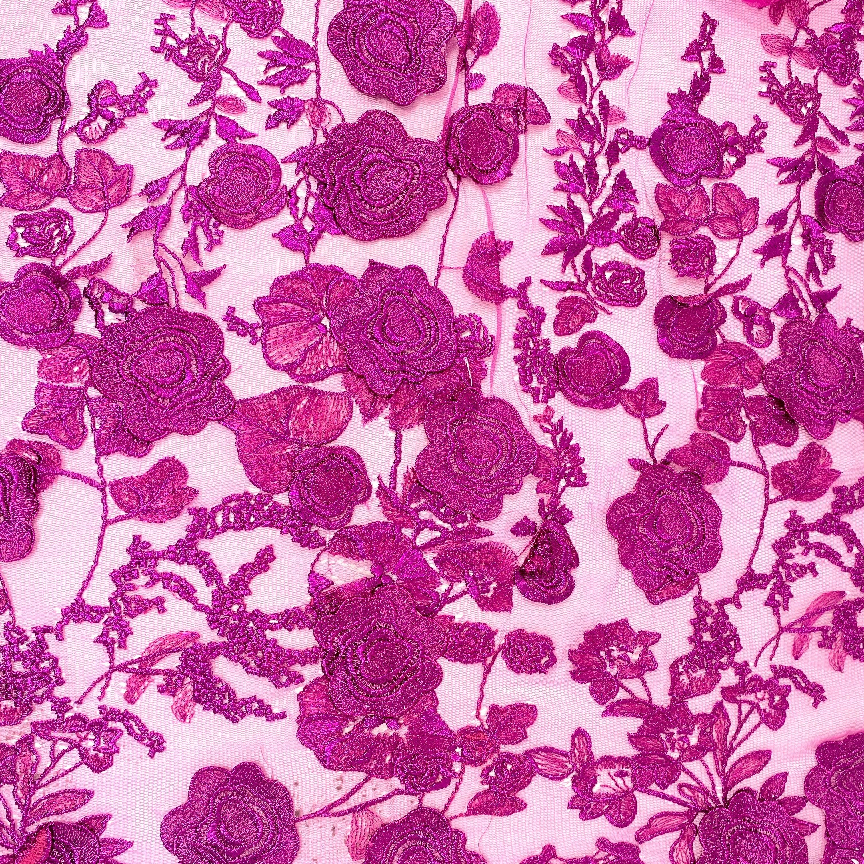 Metallic Fuchsia Floral Embroidered on Tulle
