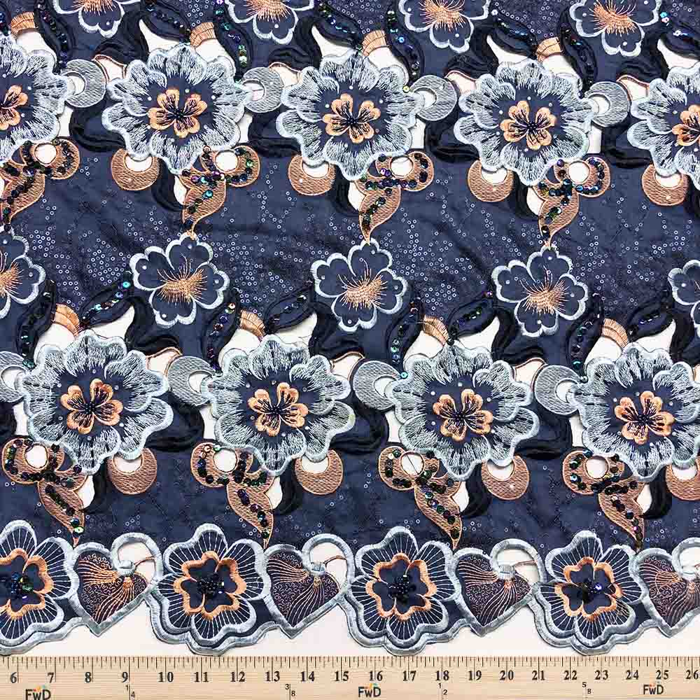 Midnight Blue Floral Embroidery Lace on Organza - Image 4