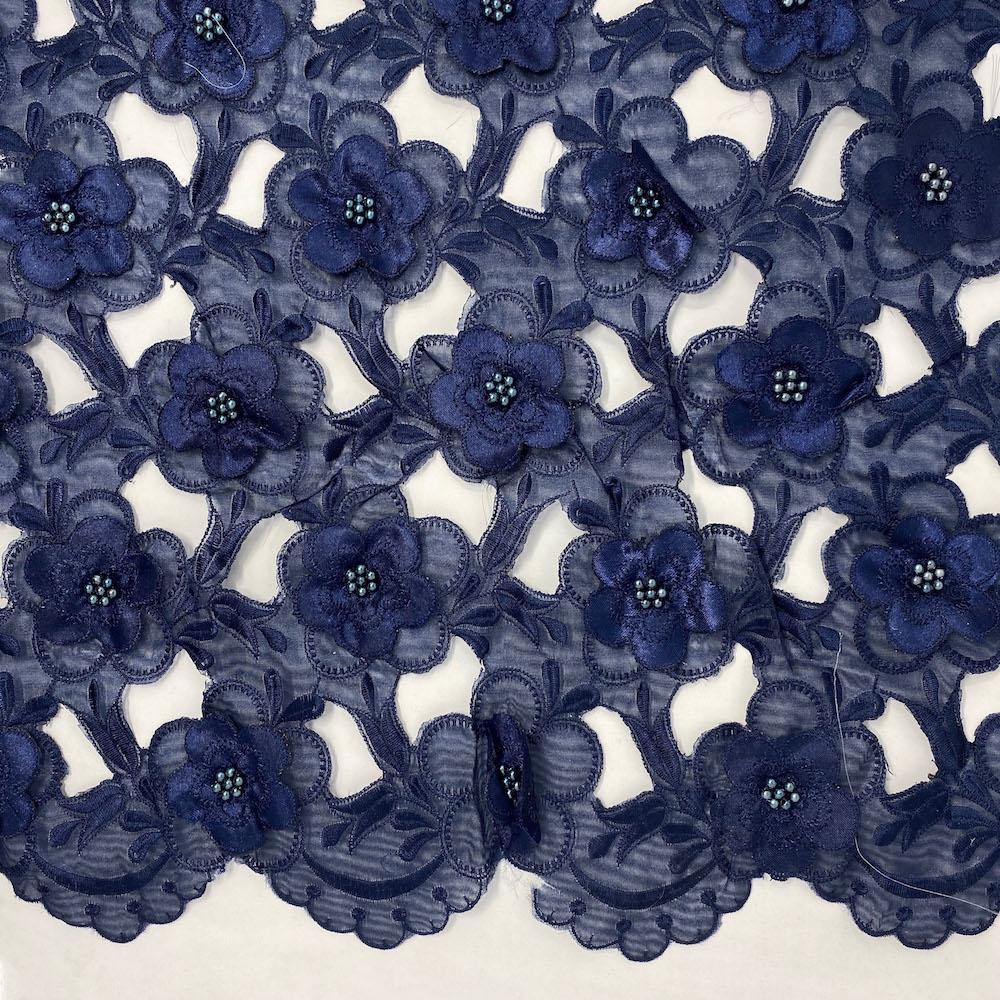 Navy Floral Embroidery on Navy Organza Lace