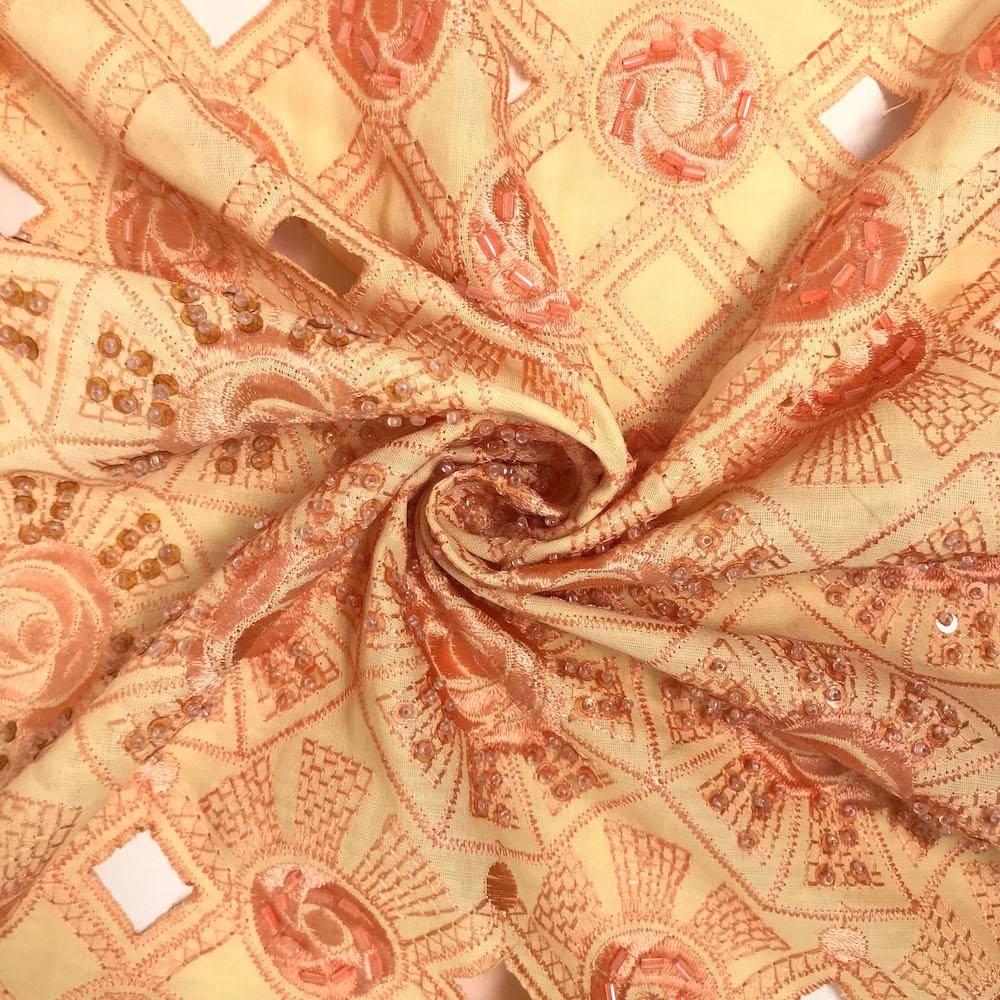 Peach Cotton Voile Embroidery with Sequins and Hole Cut - Image 3