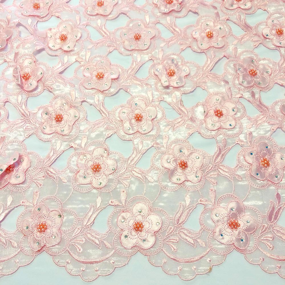 Pink Floral Embroidery on Pink Organza Lace