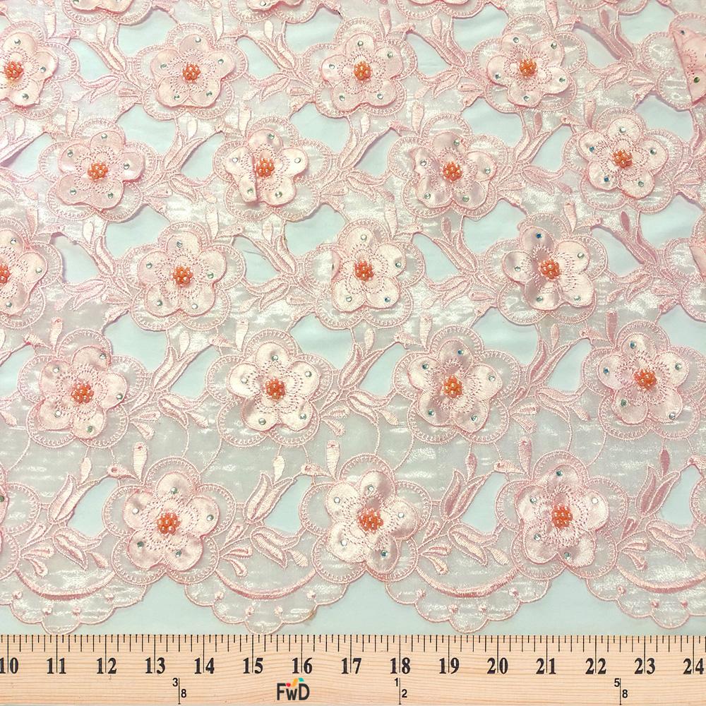 Pink Floral Embroidery on Pink Organza Lace - Image 3