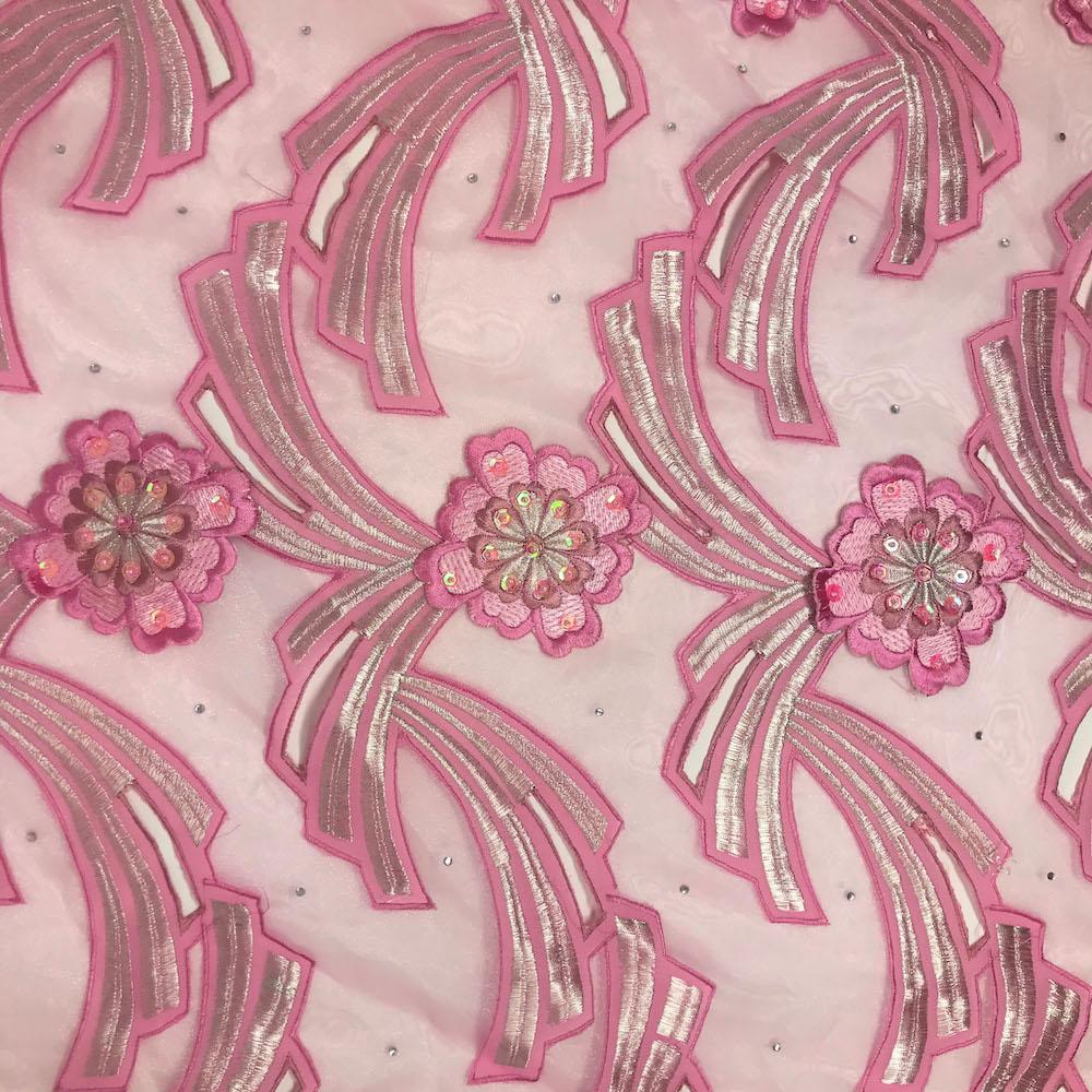 Pink Floral Rhinestone Patch on Organza Embroidered Lace