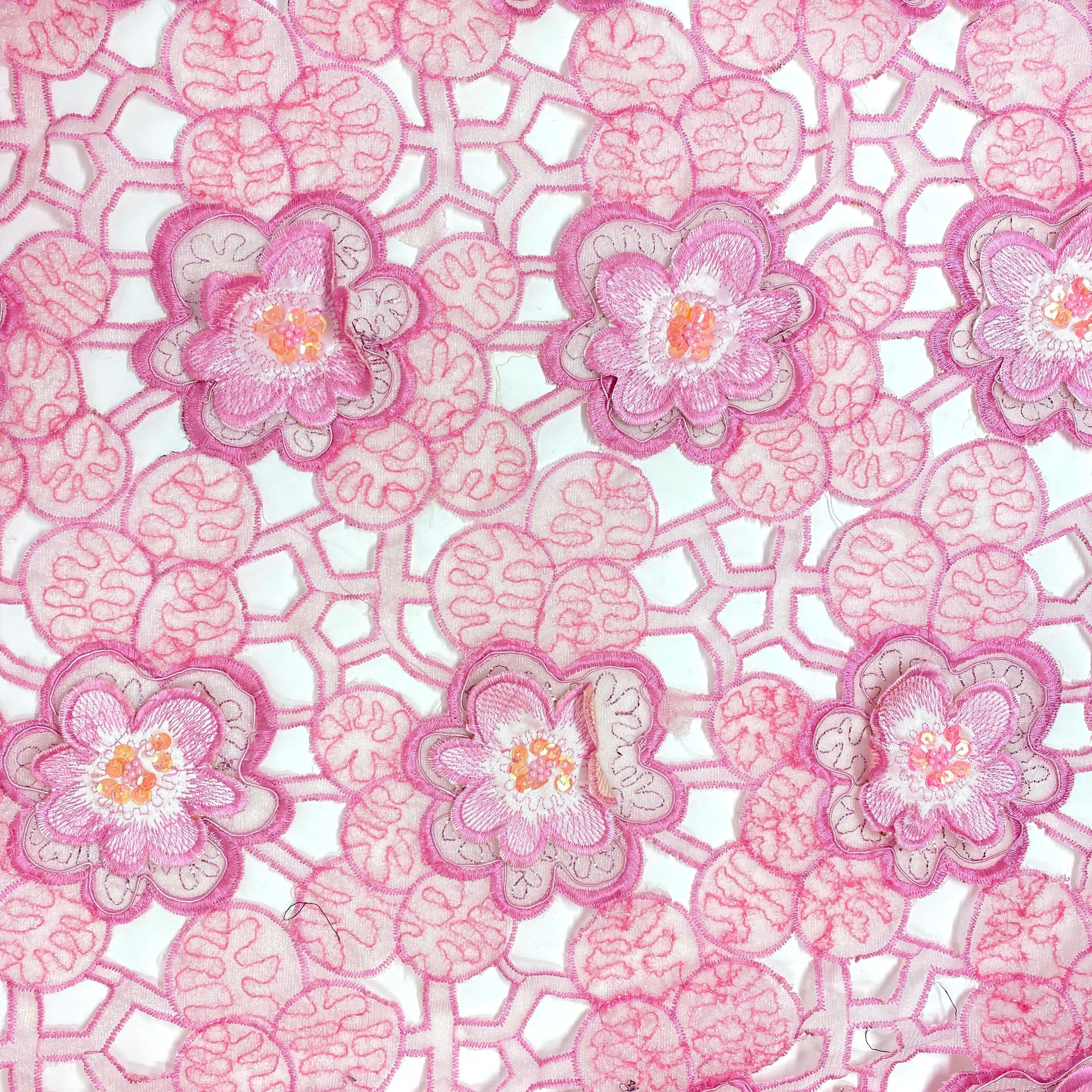 Pink Orchid Beaded Patch w/ Sequins on Sparkled Mesh